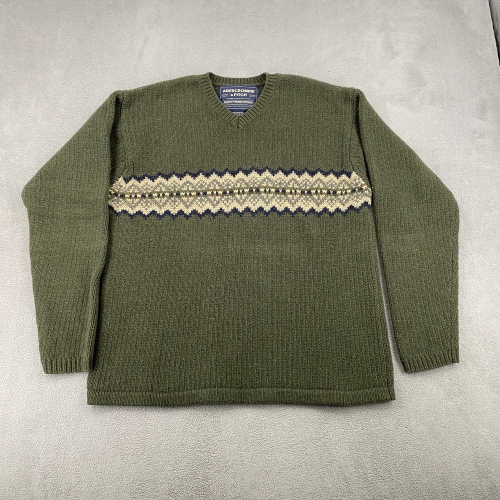 Abercrombie & Fitch Vtg Y2K Lambswool Fair Isle V-Neck Sweater Green Mens L